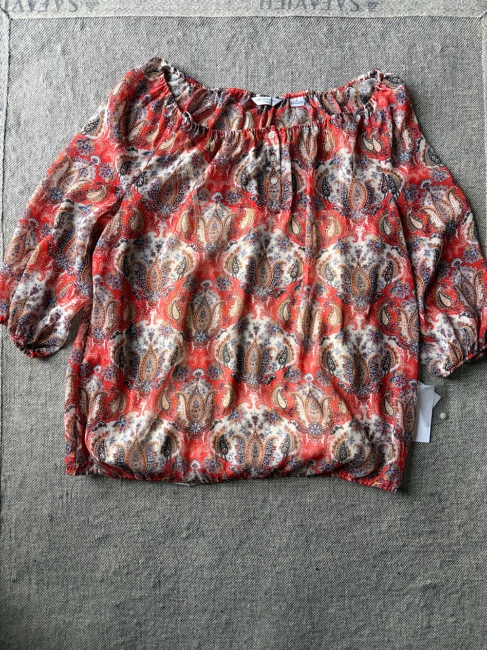 Liz Claiborne Coral, Cream & Brown Paisley Off-Shoulder Blouse